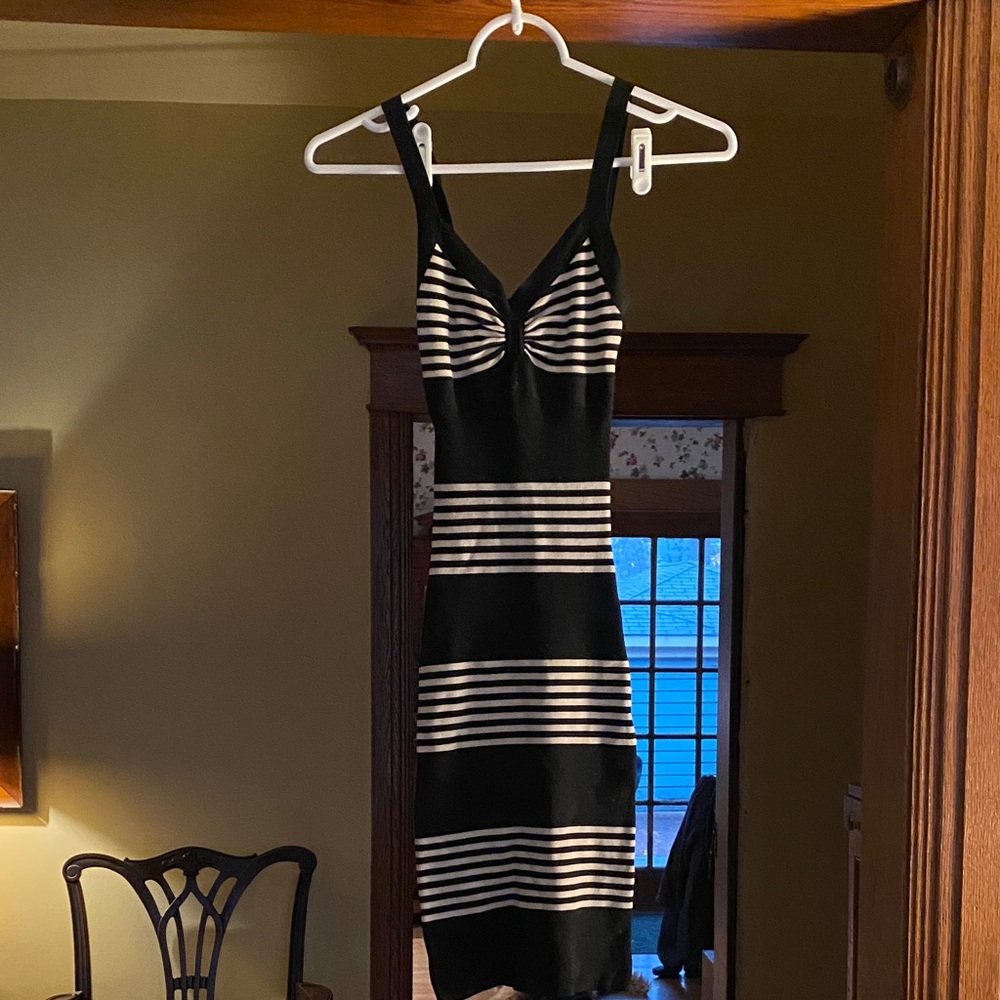 BCBGMaxAzria Black and White Bandage Striped Mini Dress